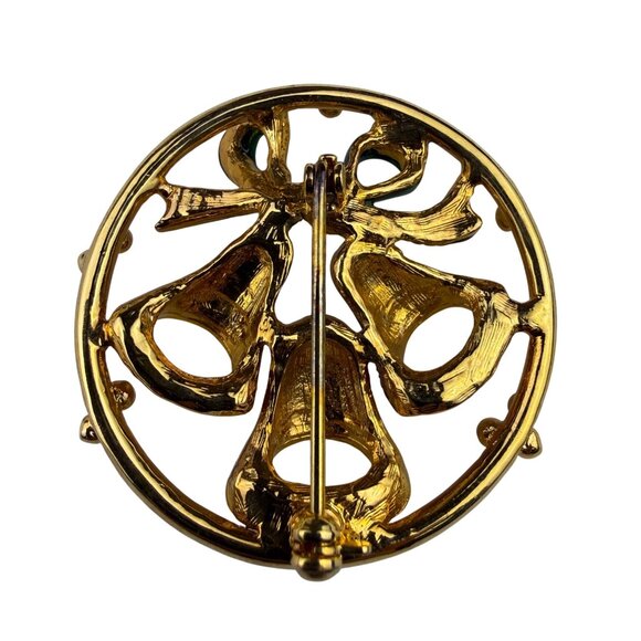 Artisan Vintage Womens Red & Green Enameled Gold Tone Holiday Bell Brooch - Picture 2 of 3